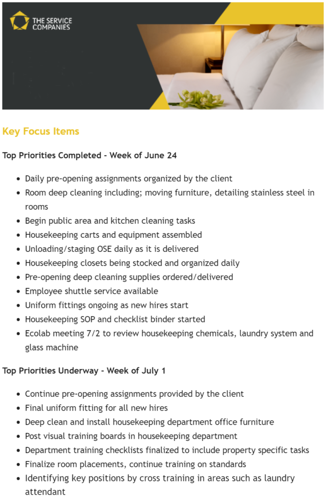 client recap email example showing accomplishments and upcoming focus for our property cleaning services